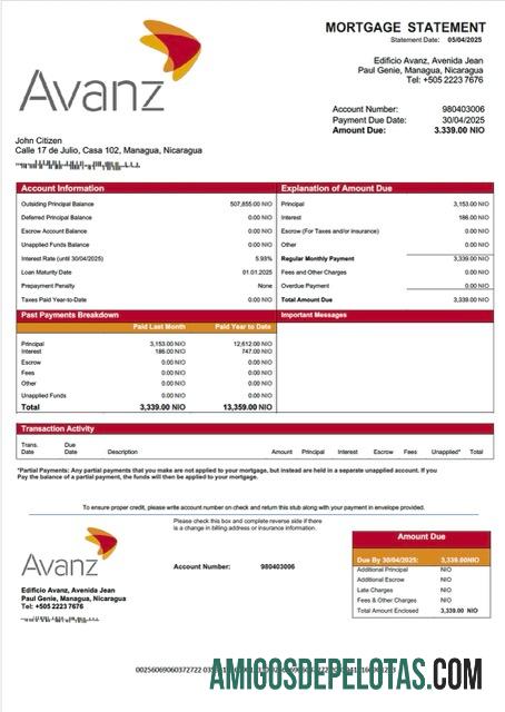 para download Modelo Word e PDF de extrato de hipoteca do Banco Avanz da Nicarágua